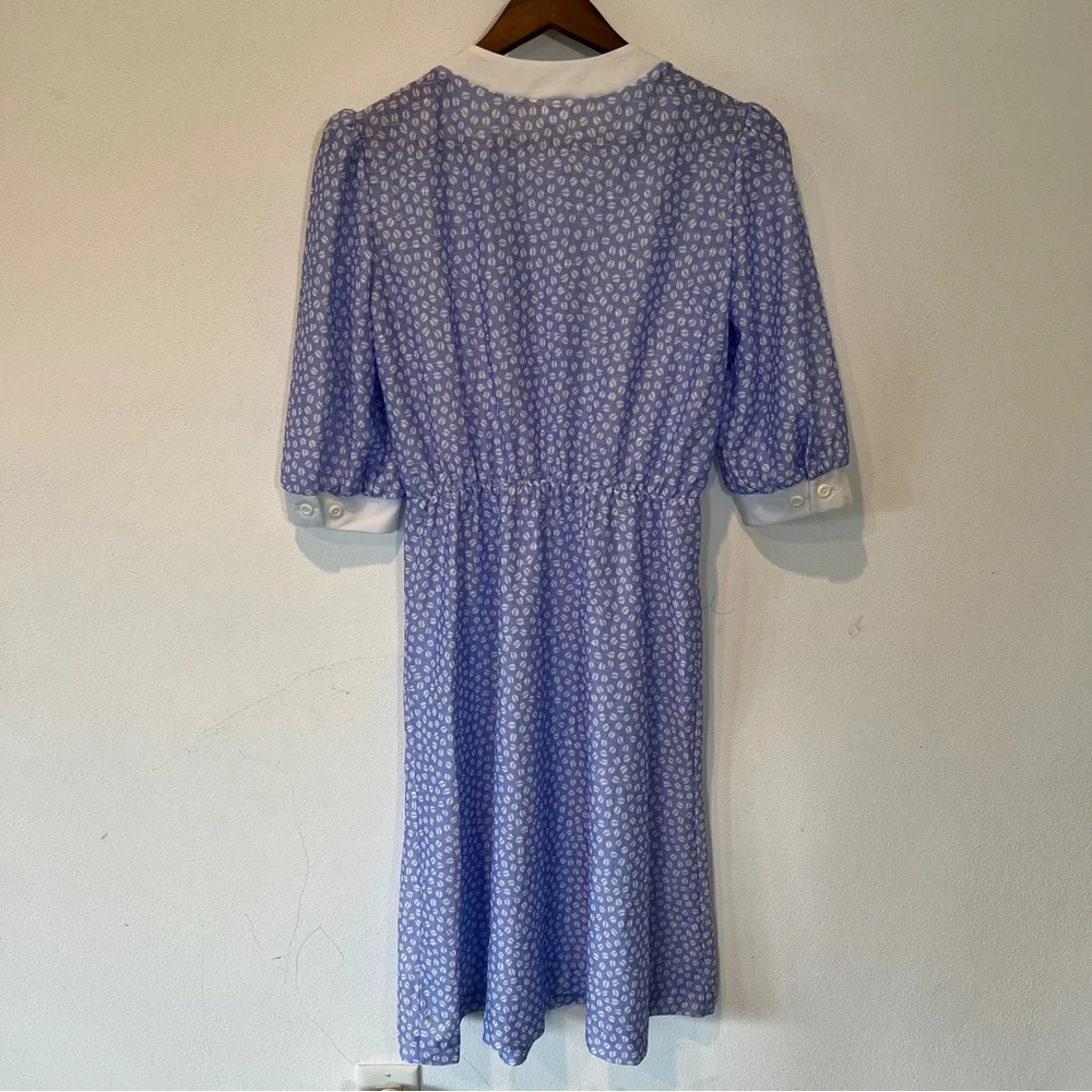 Vintage The Fashion Place Blue and White Coffee Bean Half Button Up Midi Dress - Picture 11 of 12